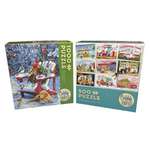 Lot of 2 Cobble Hill Puzzles Hitting The Road 500 Pieces Warm Winter's Day 1000